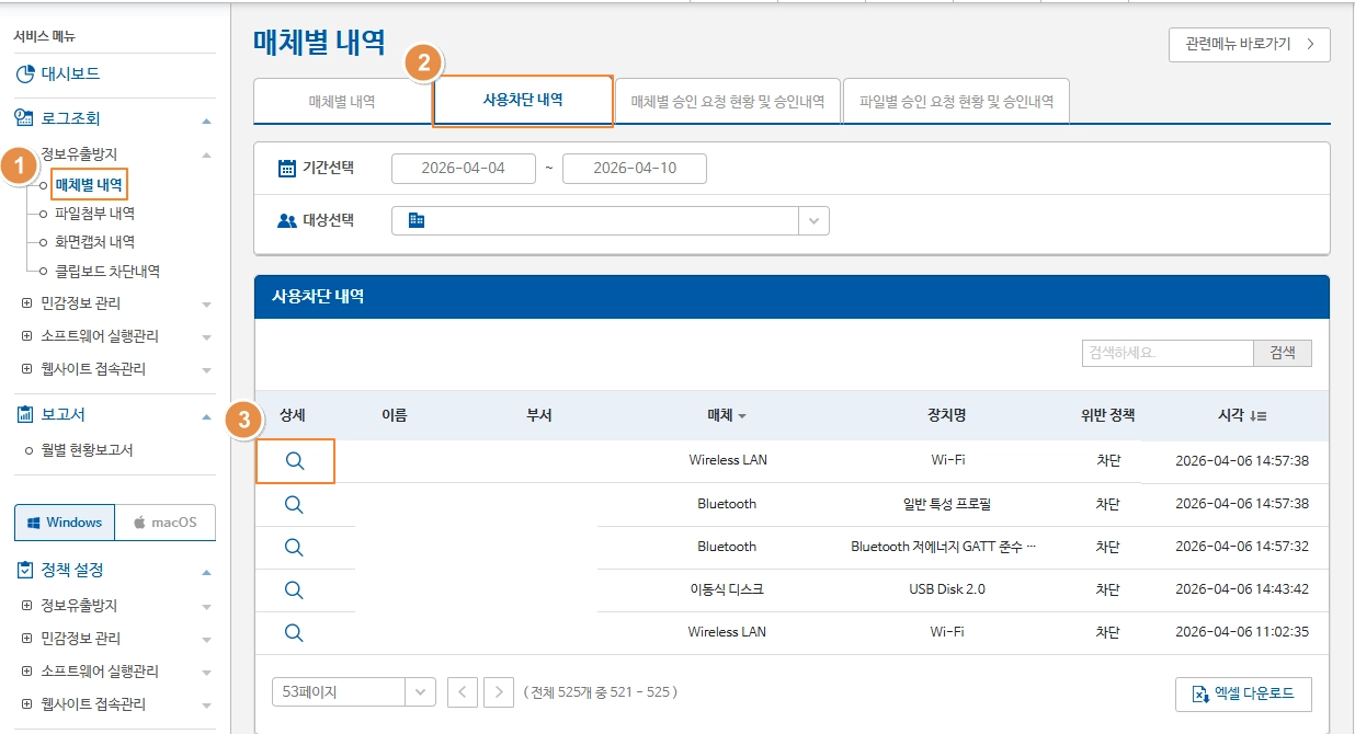 오피스키퍼 매체 사용 차단 내역 로그